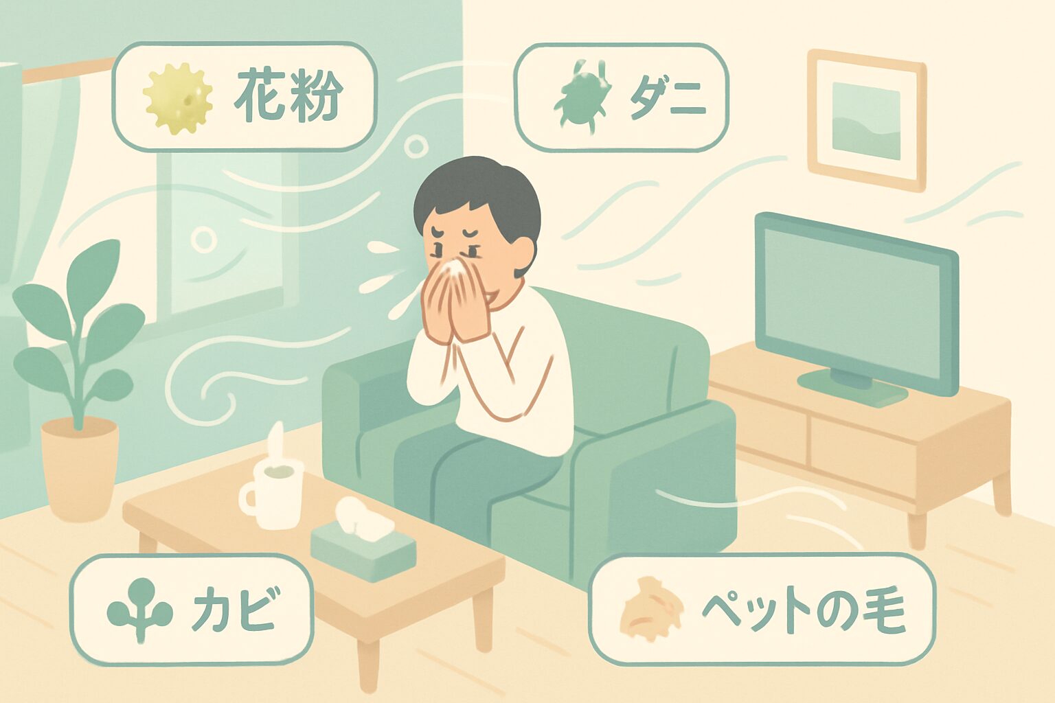 室内に漂う花粉・ハウスダスト・カビ胞子などのアレルゲンのイメージ図解