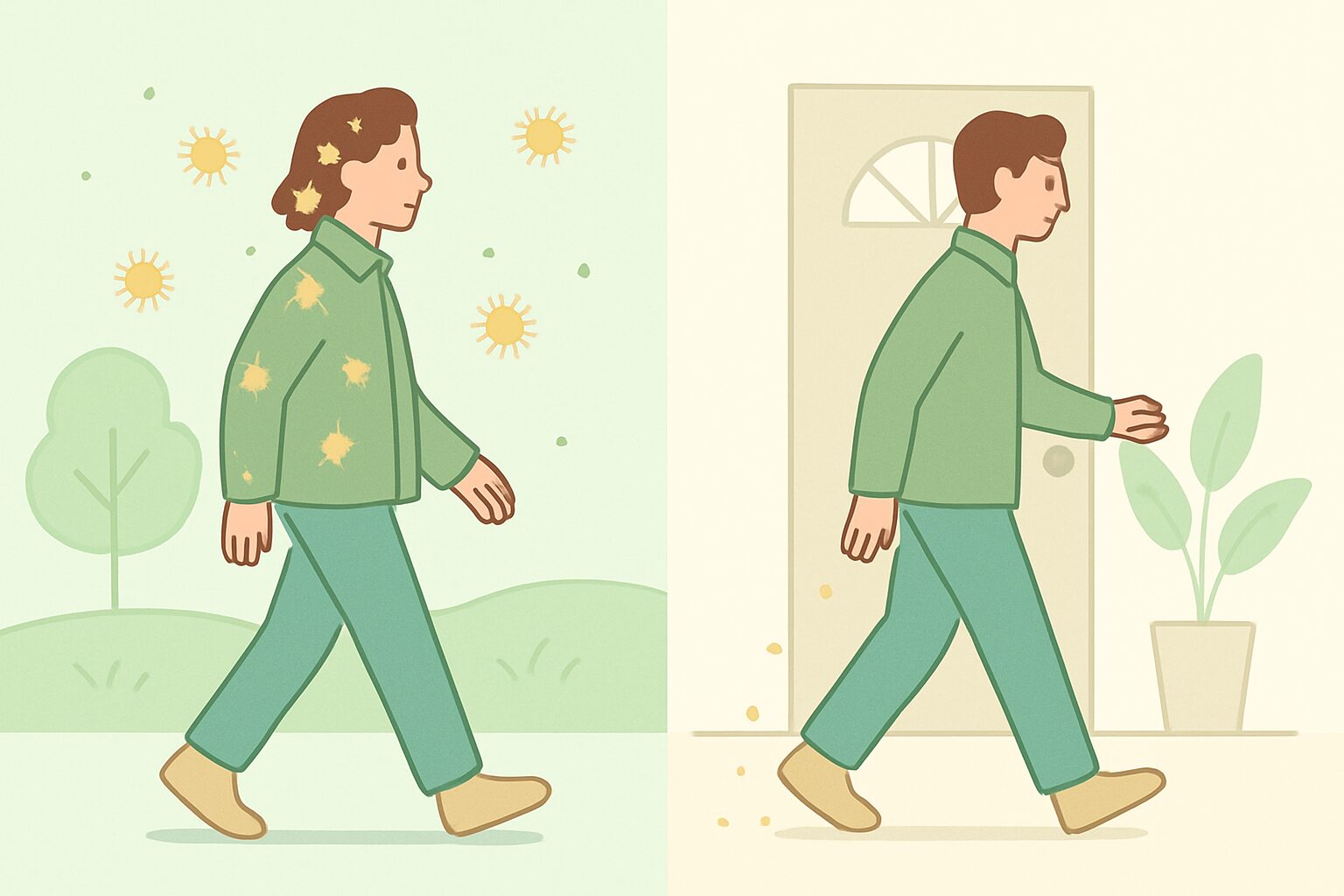 衣服や髪に付着した花粉が室内に持ち込まれる仕組みを示した図解